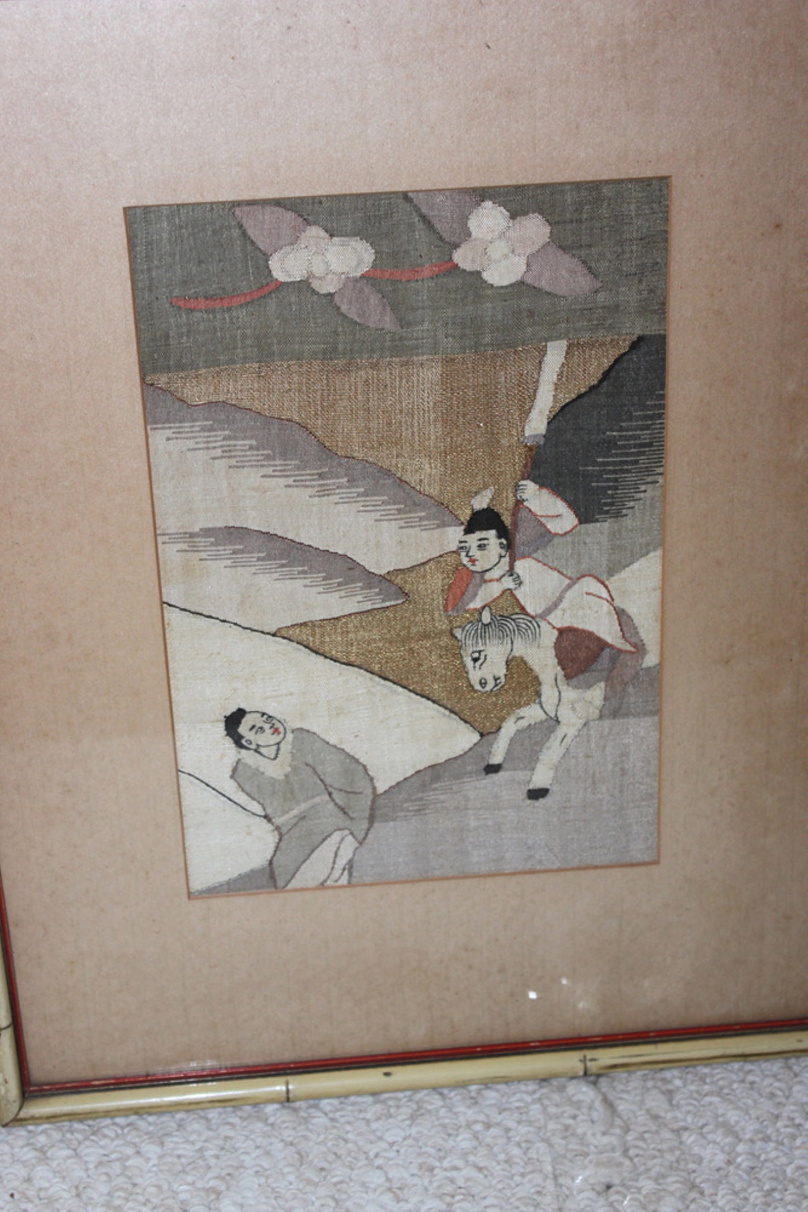 Antique Chinese 19th / 20th C Kesi Painting: Possibly pastel. 19" x 14 1/2" overall. Sight size is 12" x 7 7/8".