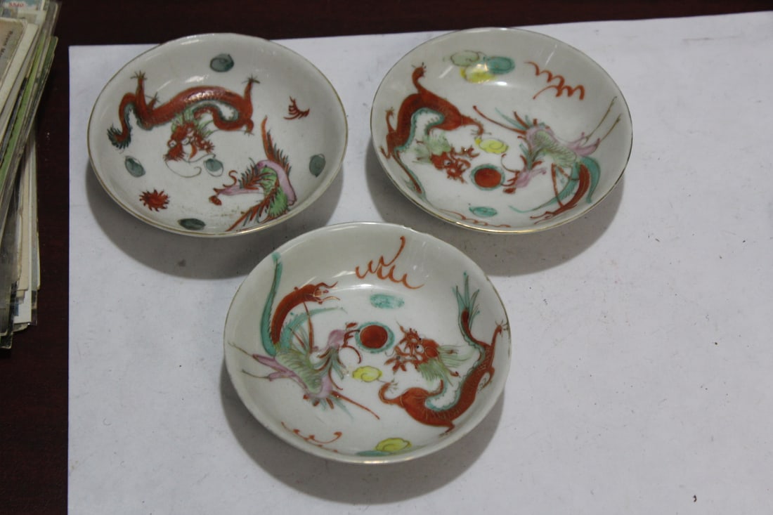 Set of 3 Chinese Dragon and Phoenix Saucers: vintage - most likely for soy sauce - 4" in diameter - signed