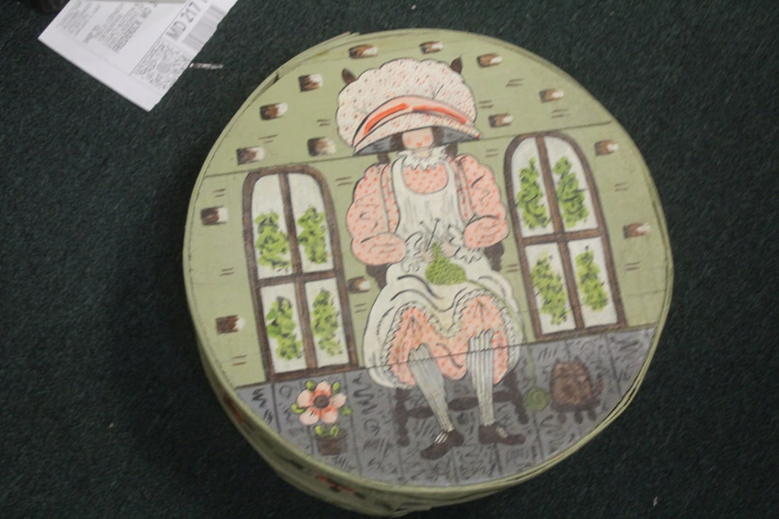 Antiue Wooden Cheese Box: signed - hand painted - American folk art - 16 1/4" in diameter and 7 1/4" tall