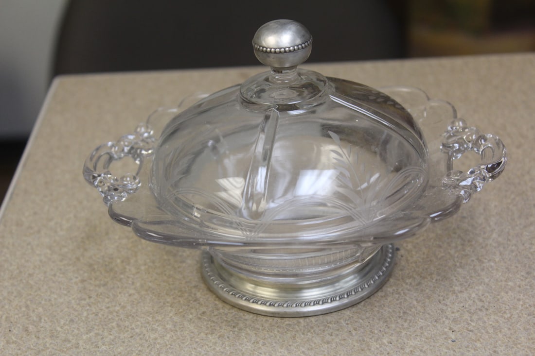 Sterling Rim and Top Cover Dish: etched glass with handles - 6 1/2" across