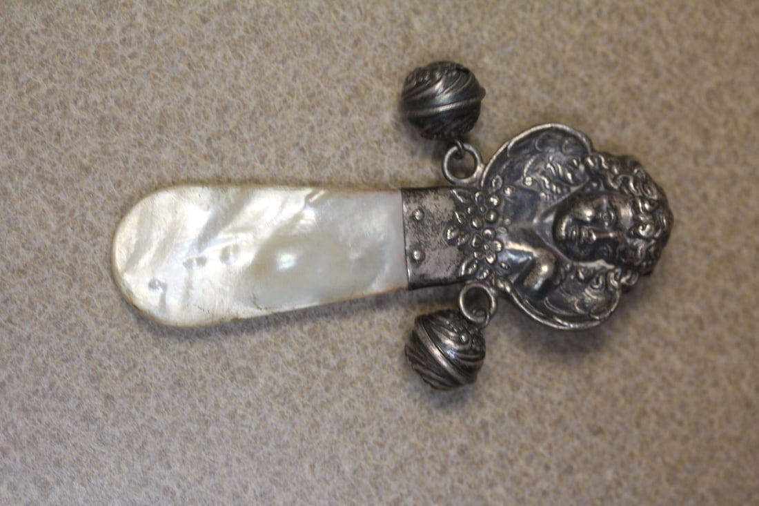 Victorian Rattler for Baby Teething: most likely repousse mother of pearl rattler -rare form - 4 3/8" long