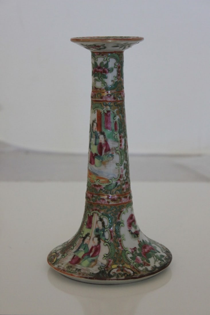 Antique Chinese Rose Medallion Candlestick: 19th Century - 8" tall.