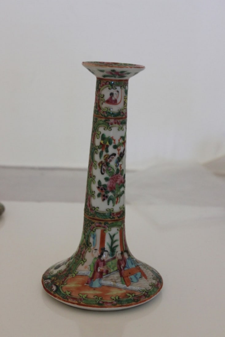 Antique Chinese Rose Medallion Candlestick: 19th Century - 8" tall.