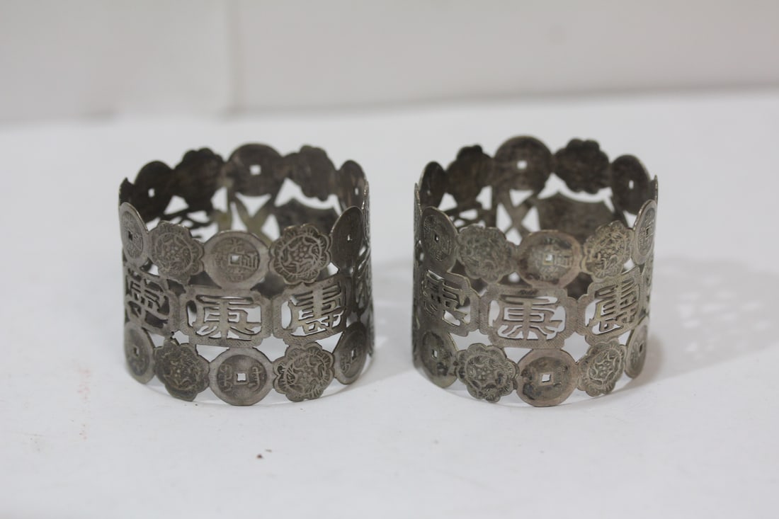 Set of 2 Export Sterling Napkin Rings: Chinese character