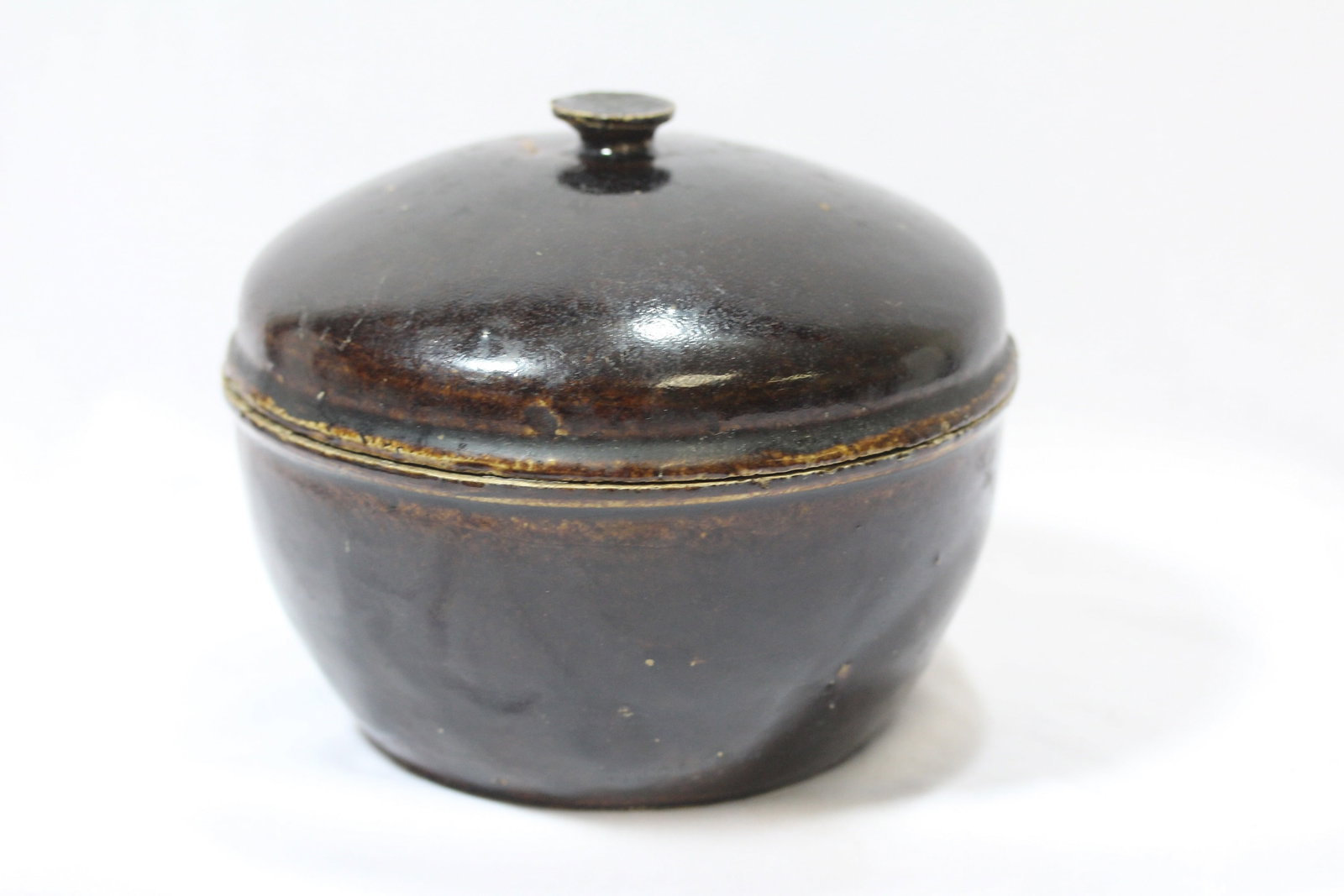 A Stoneware Bowl with Lid: very old - there is a mark, but cannot be made out - 6 1/2" tall