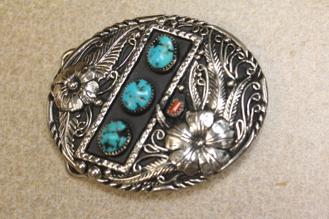 Turquoise and Coral Belt Buckle (1 of 7)