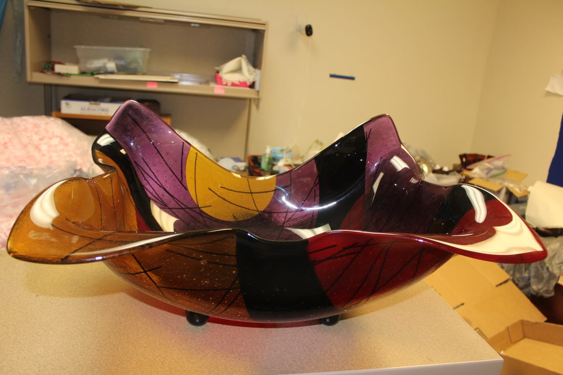 Signed Artglass Bowl: signed: Savannah 2003 - footed - rare - very large - 11"H x 22"W x 17" deep