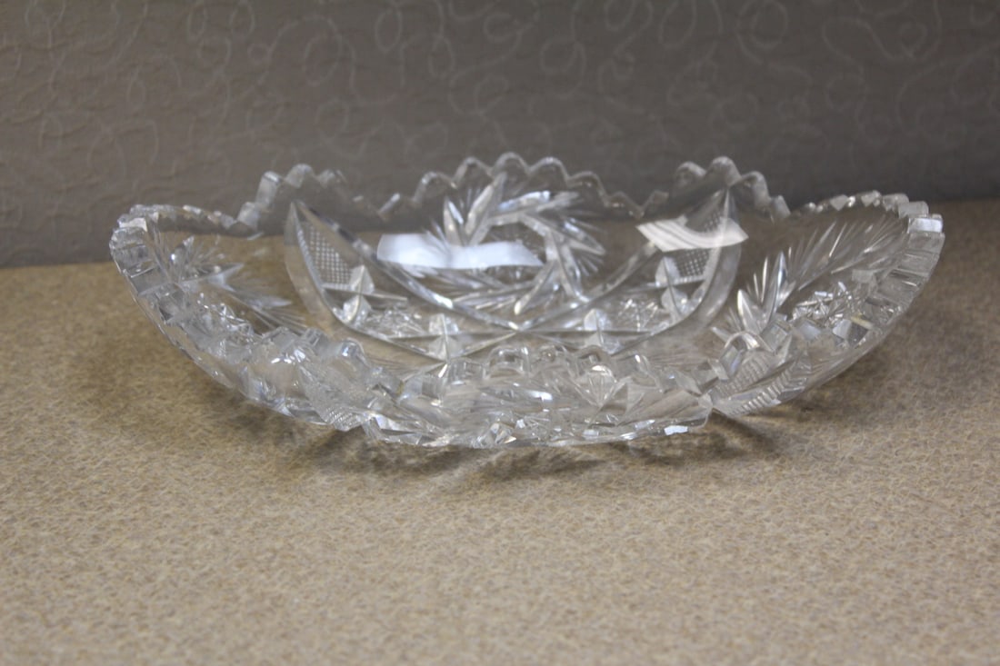 Cutglass Bowl: 7 3/4" across- please note: very minor edge roughness