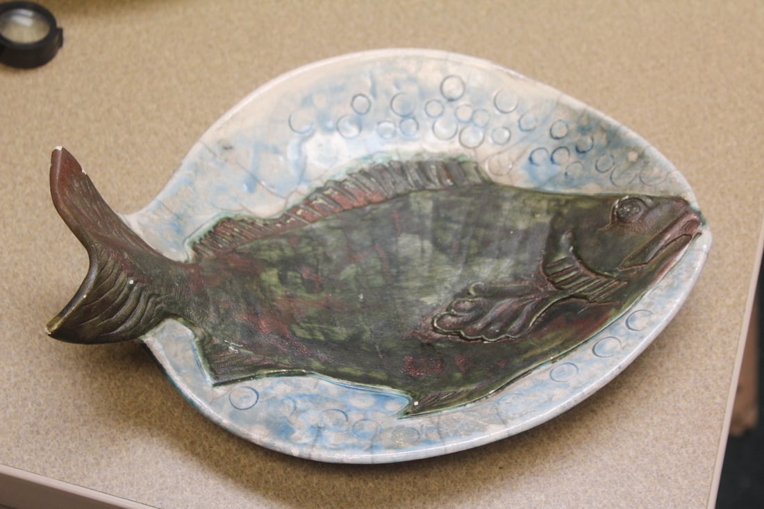 Ceramic fish plate: tail worn, as shown, 11 1/4" long, possibly ruku piece