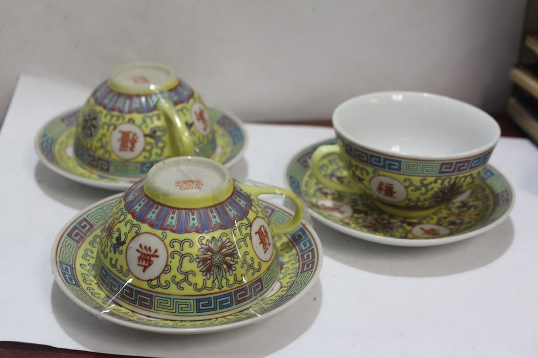 Set of 3 Chinese Longetivity Motif Cup and Saucers: about 1960's - 3 3/4" in diameter