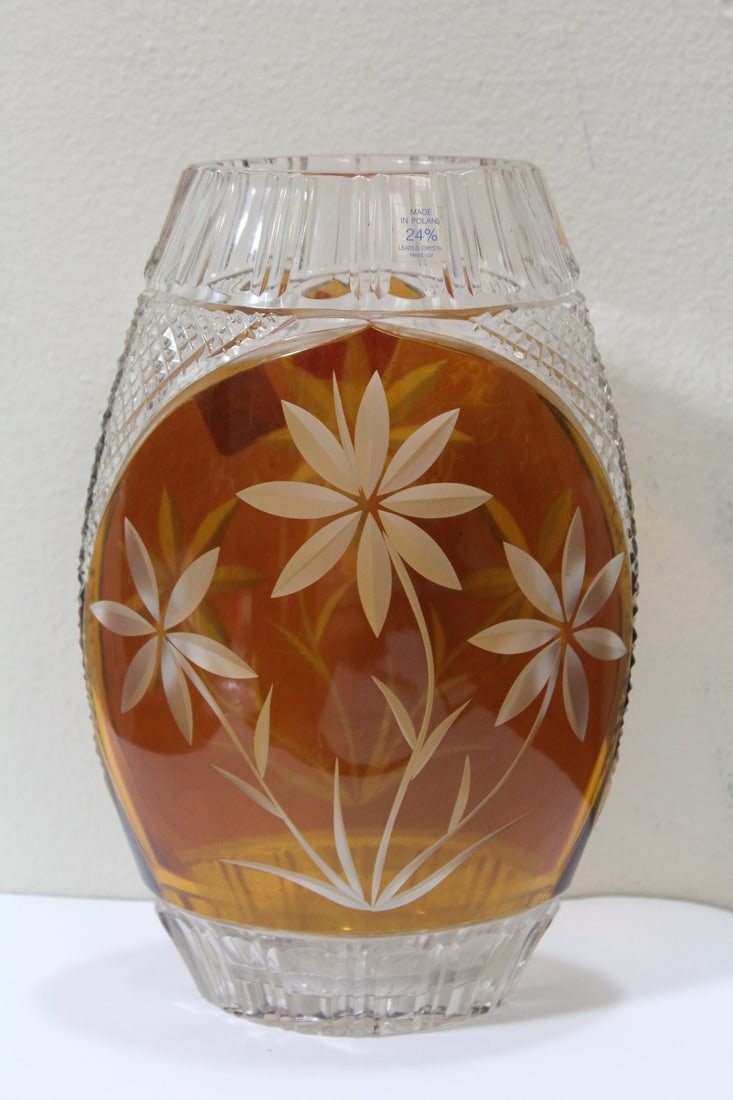 An Etched Glass Crystal Vase: 10" tall