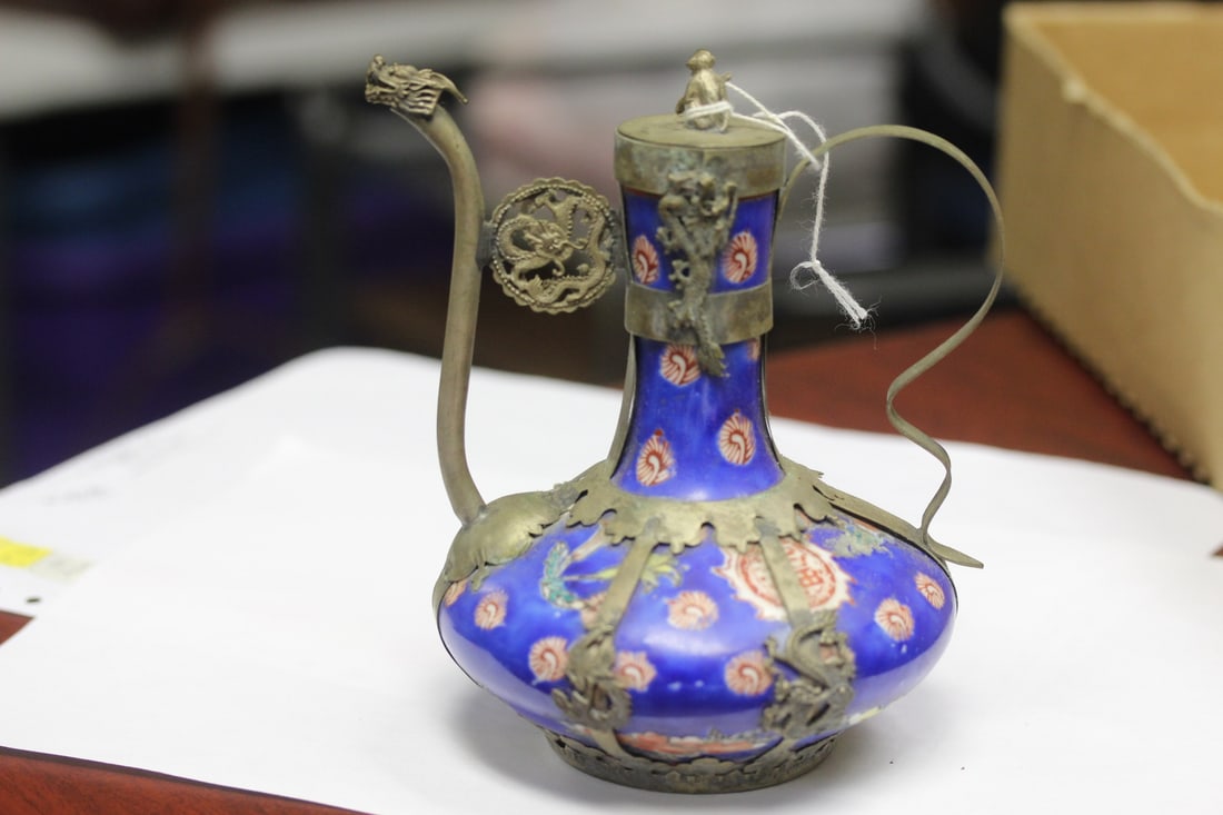 A Signed Chinese Porcelain and Metal Wine Ewer: or pot - 6 inches tall