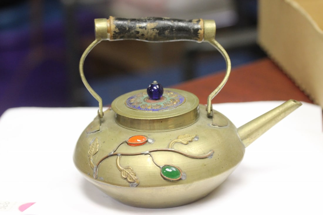 A Chinese Brass and Gemstone Teapot: 6 1/2" wide
