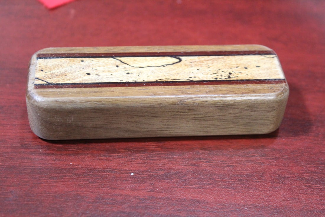 An Inlaid Wooden Slide Trinket Box: 4" long