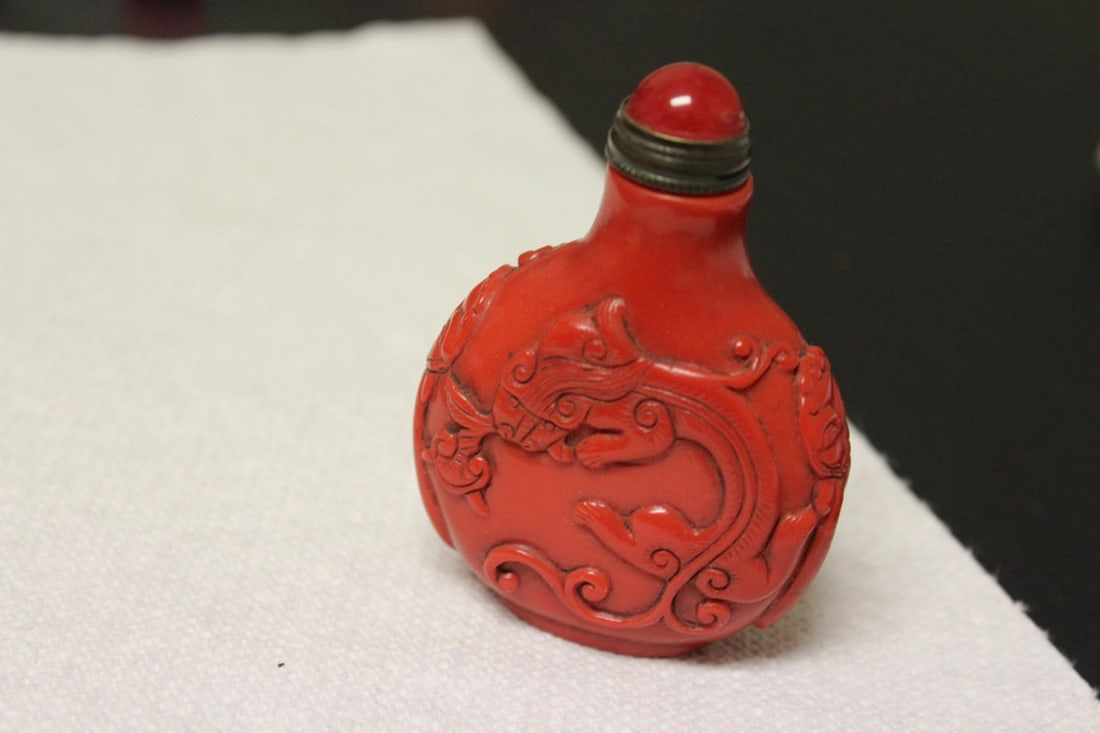 Red Glass Dragon Snuff Bottle: 3" tall when lidded.