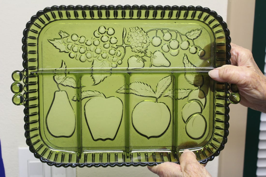 A Vintage Fruit Glass Tray: 12 5/8" across, including the handle