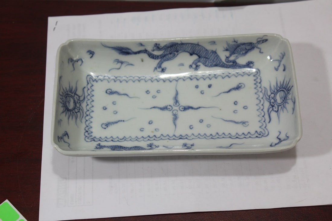 An Antique Blue and White Dragon Plate: Chinese or Asian - signed - most likely 19th century - 8" x 4 1/2"