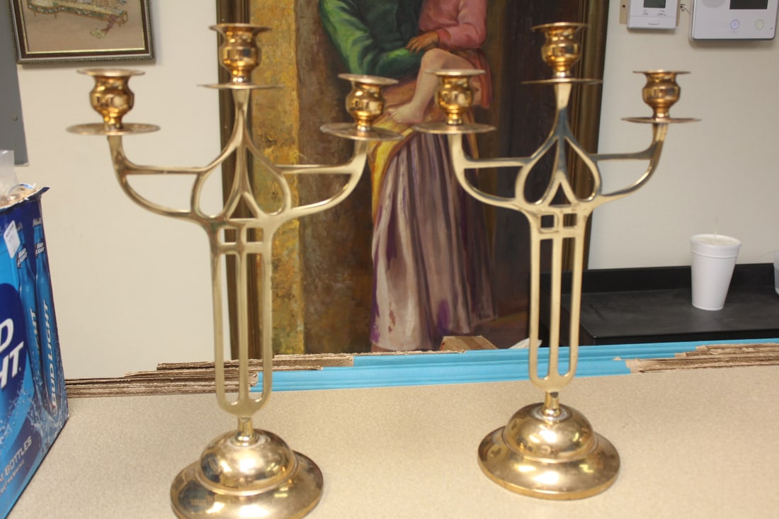 Pair of Decorative Deco Style Candelabras: brass or copper - 15 1/2" tall each