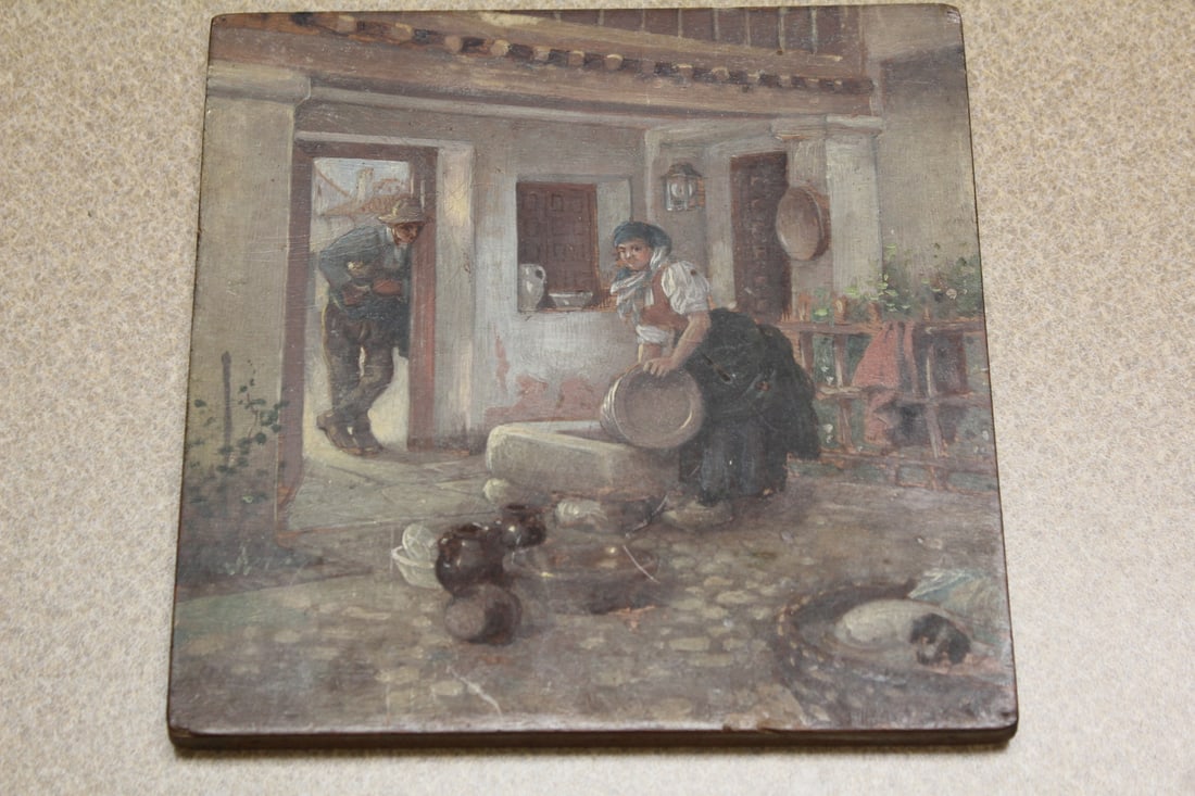 Antique oil on wood painting: 7" square, some writing on the back
