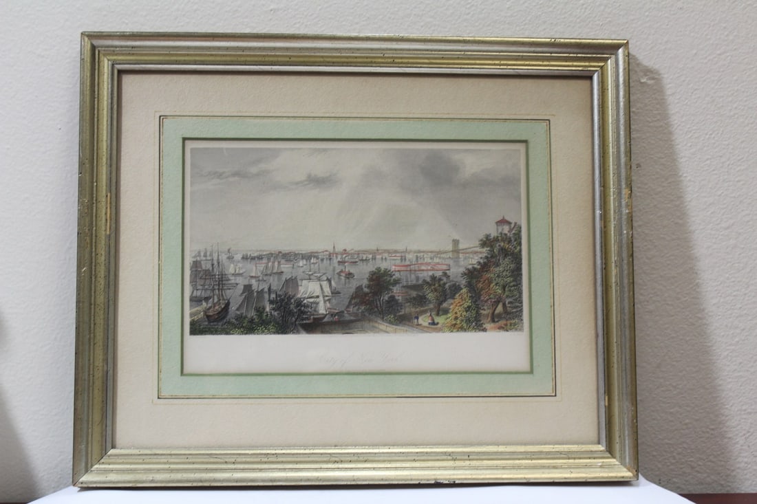 A Framed Engraving of the City of New York: handcoloured - overall= 15 5/8" x 12 1/2"