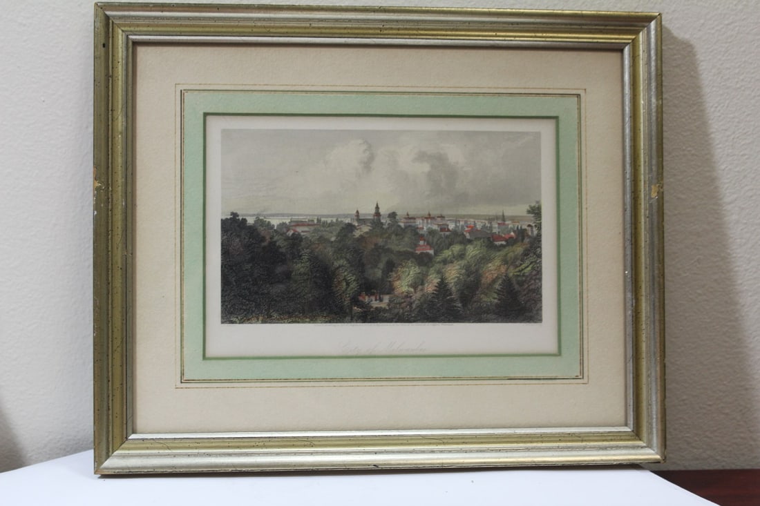A Framed Engraving of the City of Milwaukee: handcoloured - overall= 15 5/8" x 12 1/2"