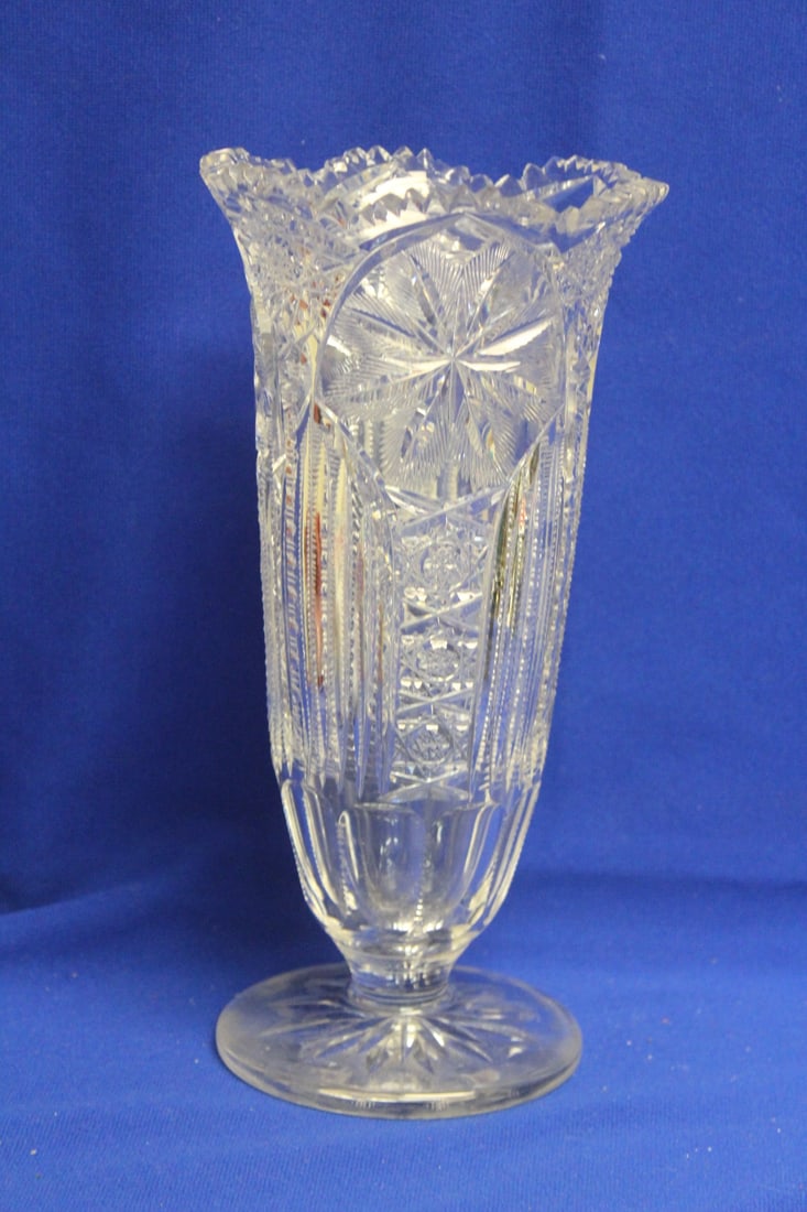 A Cut Glass Vase: please note: minor rim roughness - 10 1/2" tall