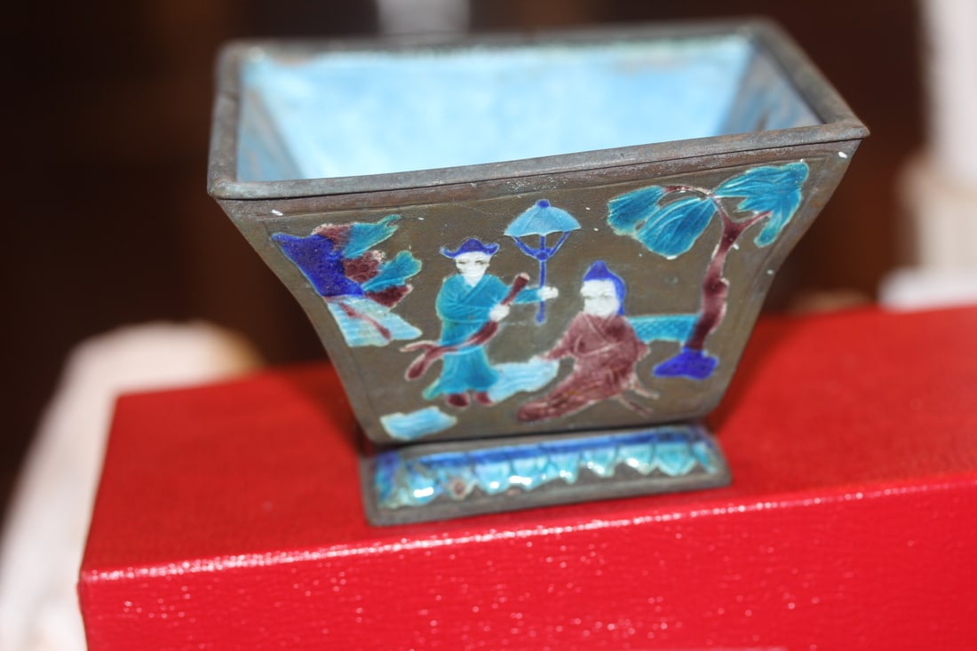 Chinese Enamel on Metal Pot: 4 1/4" square - marked "China" - late 19th to early 20th century