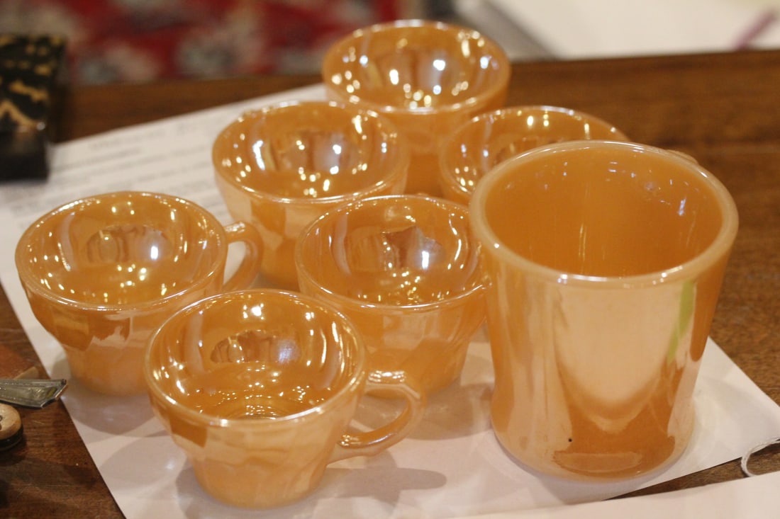Lot of 7 Ancor Hacking Lusterware Glass Cups: tallest= 3 3/8"