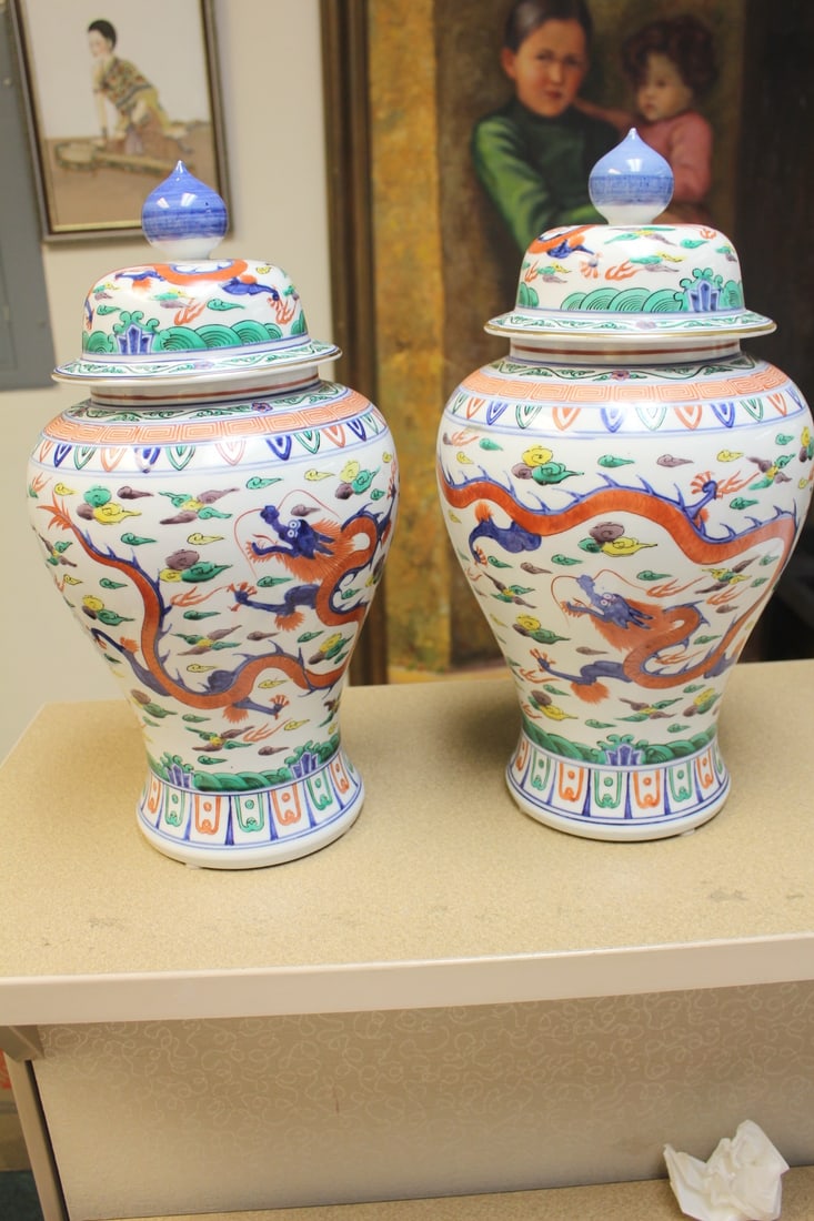 Pair of Signed Chinese Ginger Jars: hand painted - dragon motief - 15 3/4" tall each - exact age unknown