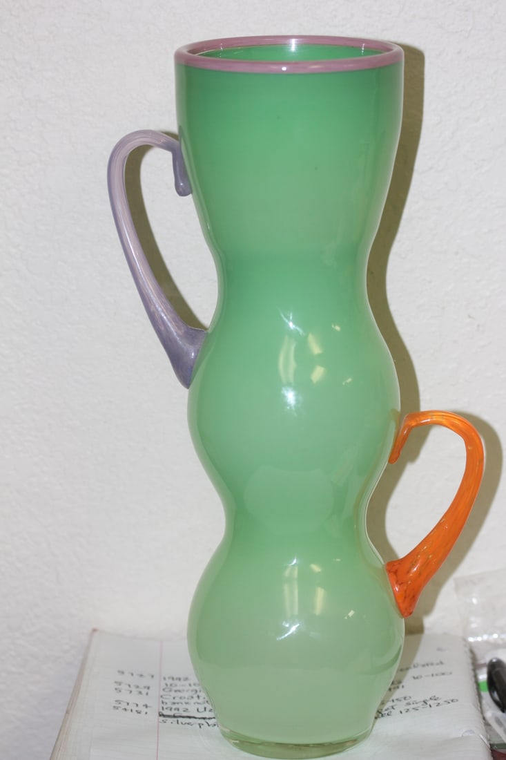 Modern Style Art Glass Vase: signed New Orleans and dated - artist unknown - please note: some manufacturer defect around the handle as shown - nicely done - 13 1/4" tall