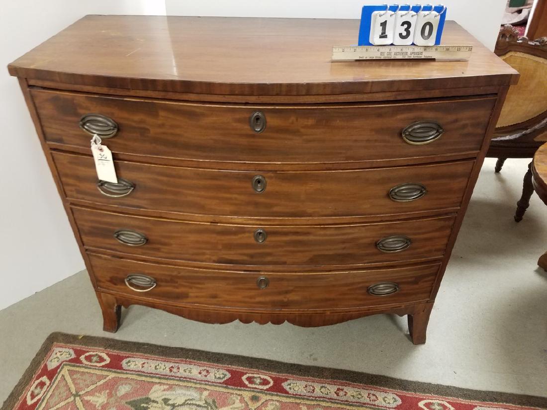 HEPPLEWHITE 4 DRAWER MAGH BOW FRONT CHEST 35.5"H X42"W: HEPPLEWHITE 4 DRAWER MAGH BOW FRONT CHEST 35.5"H X42"W X20.75" D
