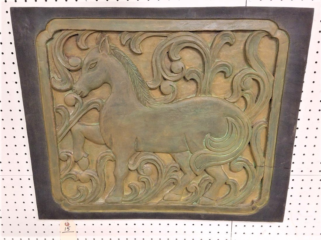 LOW RELIEF CARVED PANEL OF A HORSE, 22.75" X 28": LOW RELIEF CARVED PANEL OF A HORSE, 22.75" X 28"