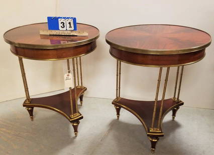 PR. MAHOG. 2 TIER STANDS W/ BRASS TRIM, 28"H X 24"DIAM.: PR. MAHOG. 2 TIER STANDS W/ BRASS TRIM, 28"H X 24"DIAM.