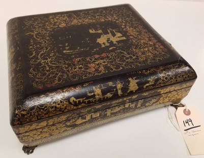 19th c, CHINESE LACQUER FOOTED BOX W/ FITTED INTERIOR,: 19th c, CHINESE LACQUER FOOTED BOX W/ FITTED INTERIOR, 4.5"H X 12"W X 10.75"D