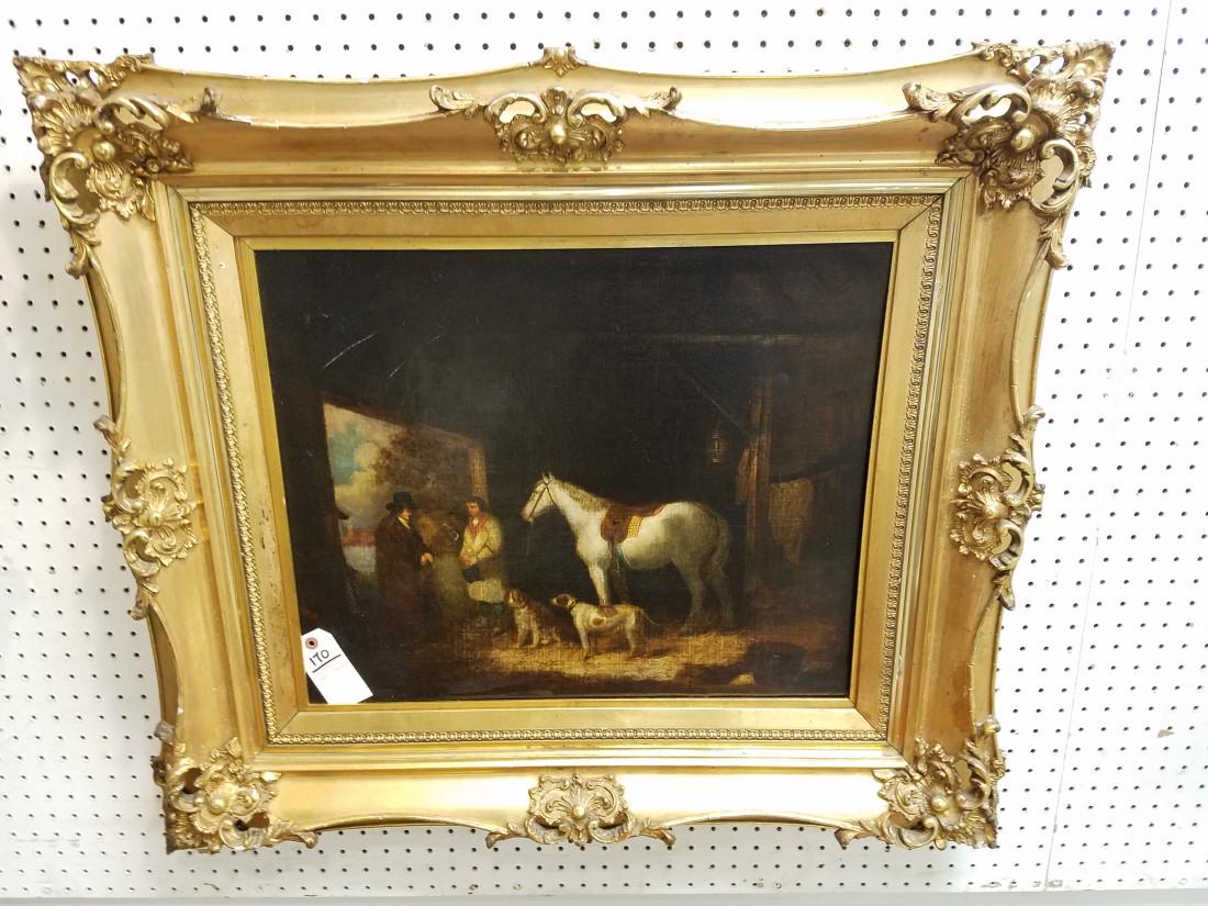 19th c. O/C HORSES & DOGS IN A STABLE, AFTER MORLAND,: 19th c. O/C HORSES & DOGS IN A STABLE, AFTER MORLAND, 20" X 23.5"