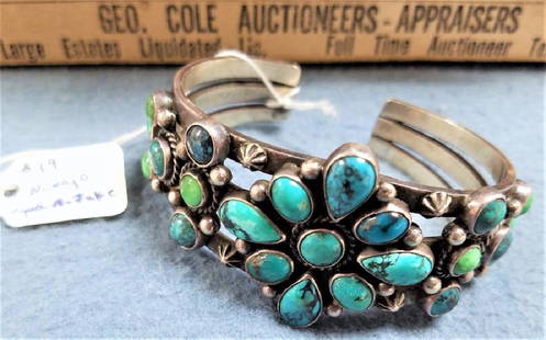 NAVAJO STERL AND TURQUOISE BANGLE SGND A. JAKE: NAVAJO STERL AND TURQUOISE BANGLE SGND A. JAKE