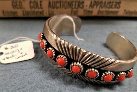 NAVAJO STERL BANGLE SGND ML W/ CORAL: NAVAJO STERL BANGLE SGND ML W/ CORAL