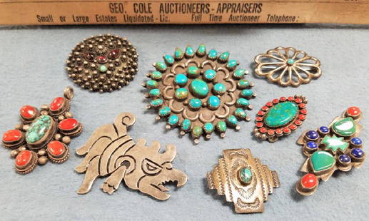 LOT NAVAJO STERL PINS AND PENDANTS W/ TURQ, CORAL ETC: LOT NAVAJO STERL PINS AND PENDANTS W/ TURQ, CORAL ETC