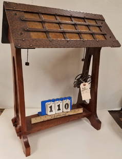 MISSION HAMMERED COPPER AND OAK COPPERWOOD LANTERN: MISSION HAMMERED COPPER AND OAK COPPERWOOD LANTERN TABLE LAMP SGND STEVE HELBERG 24"H X 19"W X 11 1/2"D