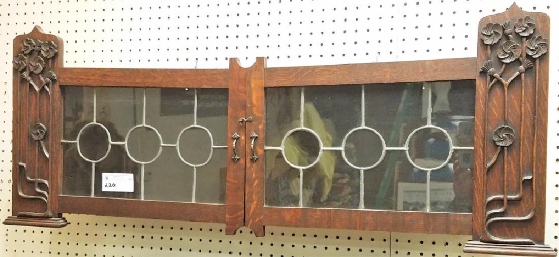 ARTS AND CRAFTS OAK 2 DOOR WALL CABINET W/ LEADED GLASS: ARTS AND CRAFTS OAK 2 DOOR WALL CABINET W/ LEADED GLASS PANELS 17"H X 44"W X 8 1/2"D