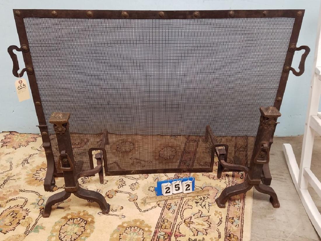 WROUGHT PR ARTS AND CRAFTS ANDIRONS AND FIRE SCREEN 32": WROUGHT PR ARTS AND CRAFTS ANDIRONS AND FIRE SCREEN 32" X 43"
