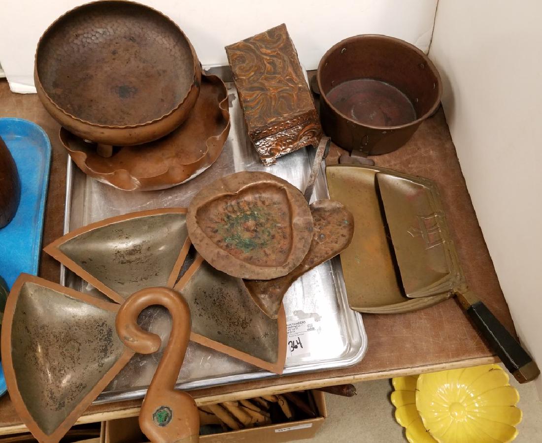 TRAY 7 PC COPPER BOWLS, BX, LOS CASTILLO HAND WROUGHT: TRAY 7 PC COPPER BOWLS, BX, LOS CASTILLO HAND WROUGHT MEXICAN BIRD FORM SERVER ETC