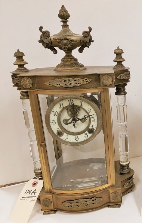 ANSONIA BRASS & CRYSTAL CASE CLOCK W/ CUT GLASS COLUMNS: ANSONIA BRASS & CRYSTAL CASE CLOCK W/ CUT GLASS COLUMNS