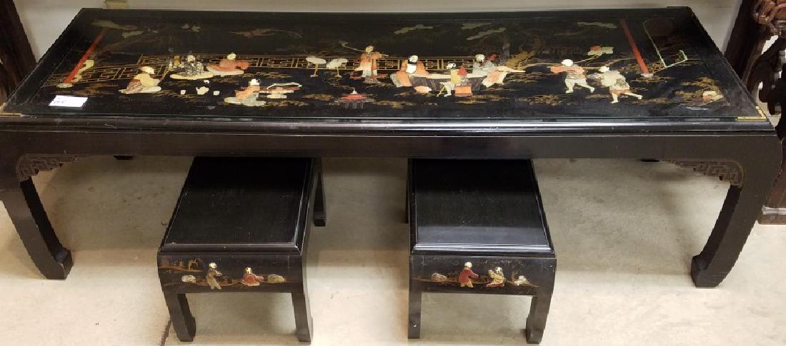 CHINESE LACQUERED COFFEE TABLE W/ CARVED HARDSTONE AND: CHINESE LACQUERED COFFEE TABLE W/ CARVED HARDSTONE AND MOP APPLIQUE 20"H X 69"W X 22"D W/ PR STOOLS 12 1/2"H X 18"W X 12"D