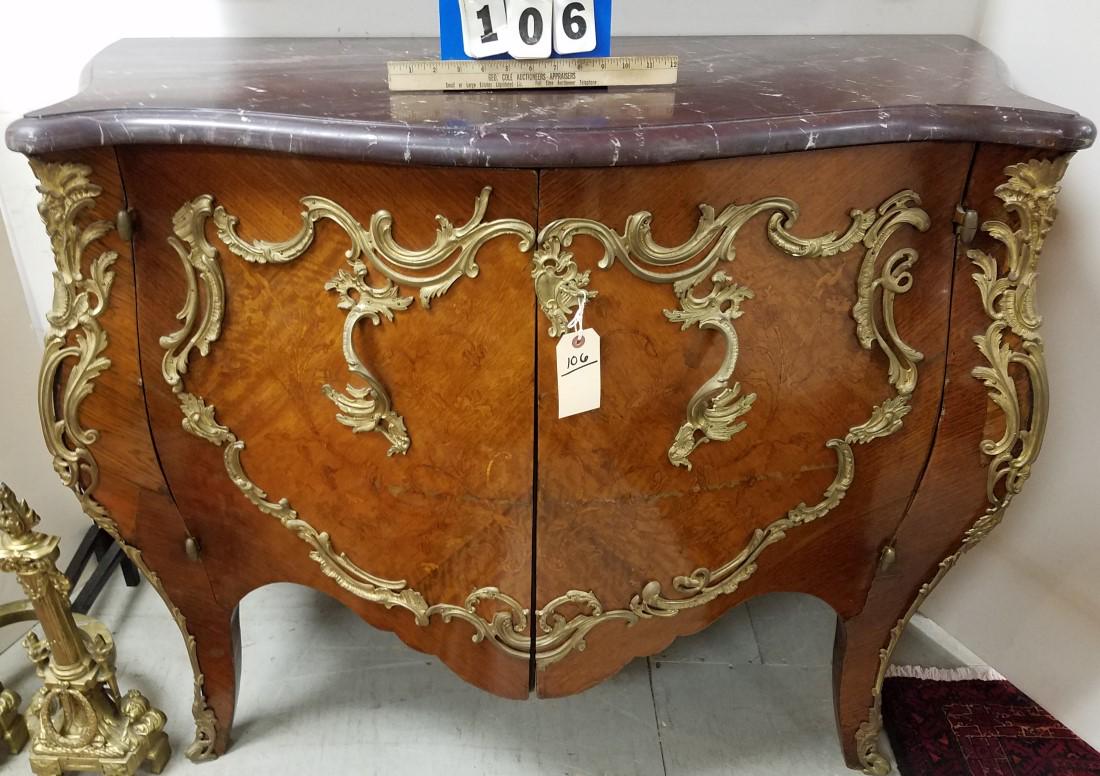 FR INLAID MAHOG MARBLE TOP BOMBE ORMOLU MOUNTED 2 DOOR: FR INLAID MAHOG MARBLE TOP BOMBE ORMOLU MOUNTED 2 DOOR CHEST 37"H X 47"W X 21 1/2"D