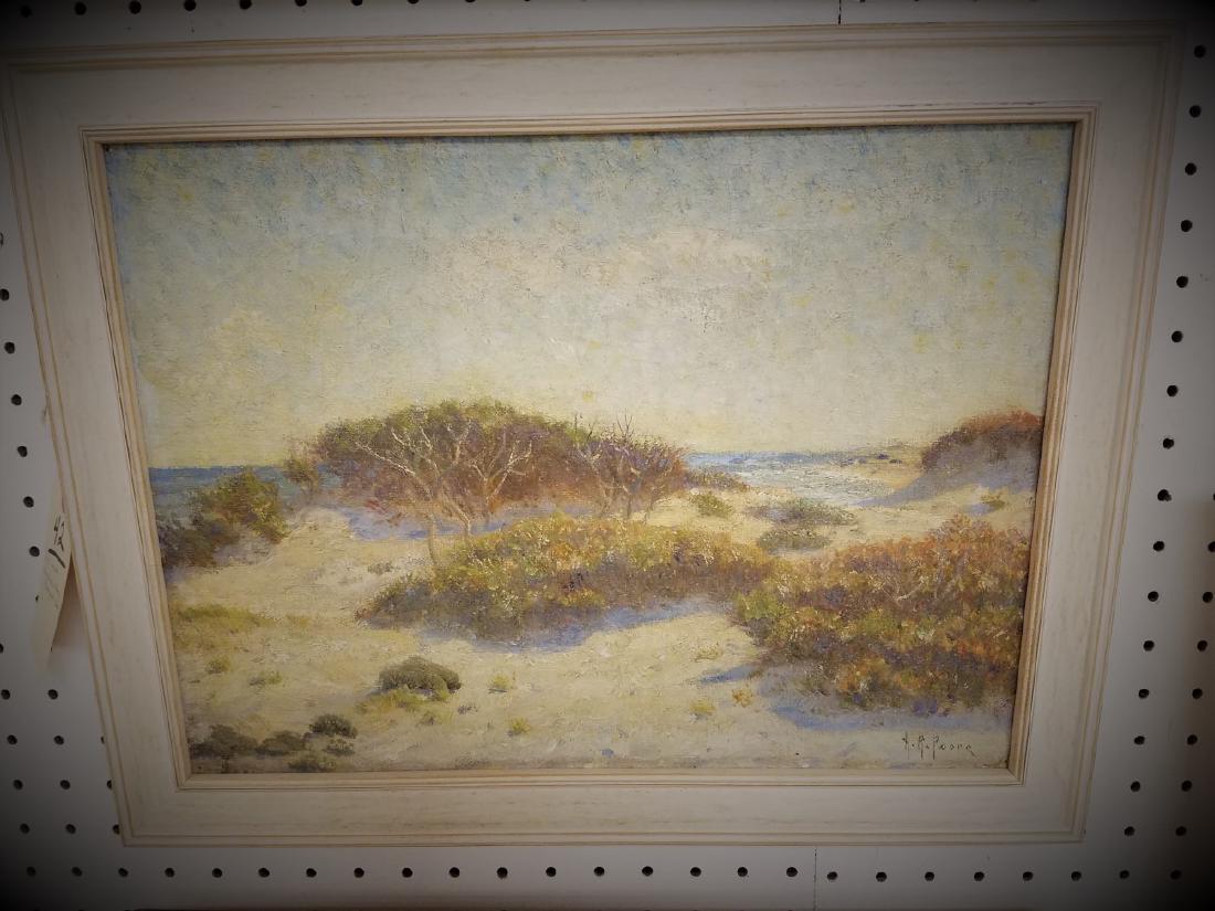 FRAMED O/C "SEA GLIMPSE FROM THE DUNES" SGND HENRY: FRAMED O/C "SEA GLIMPSE FROM THE DUNES" SGND HENRY RANKIN POORE SALMAGUNDI CLUB 12" X 16" W/ EXHIBIT LABEL