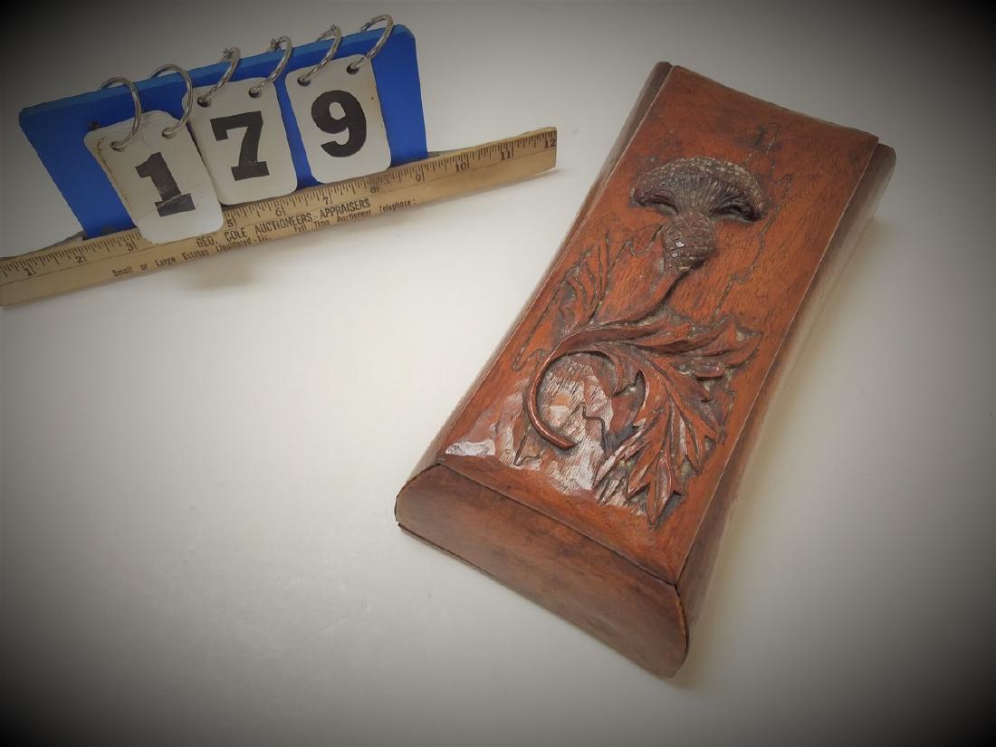 CARVED WALNUT BOX, SGND. C.S.HALL, AT ROYCROFT AUGUST: CARVED WALNUT BOX, SGND. C.S.HALL, AT ROYCROFT AUGUST 1931 3.75"H X 5.5"W X 10.75"D