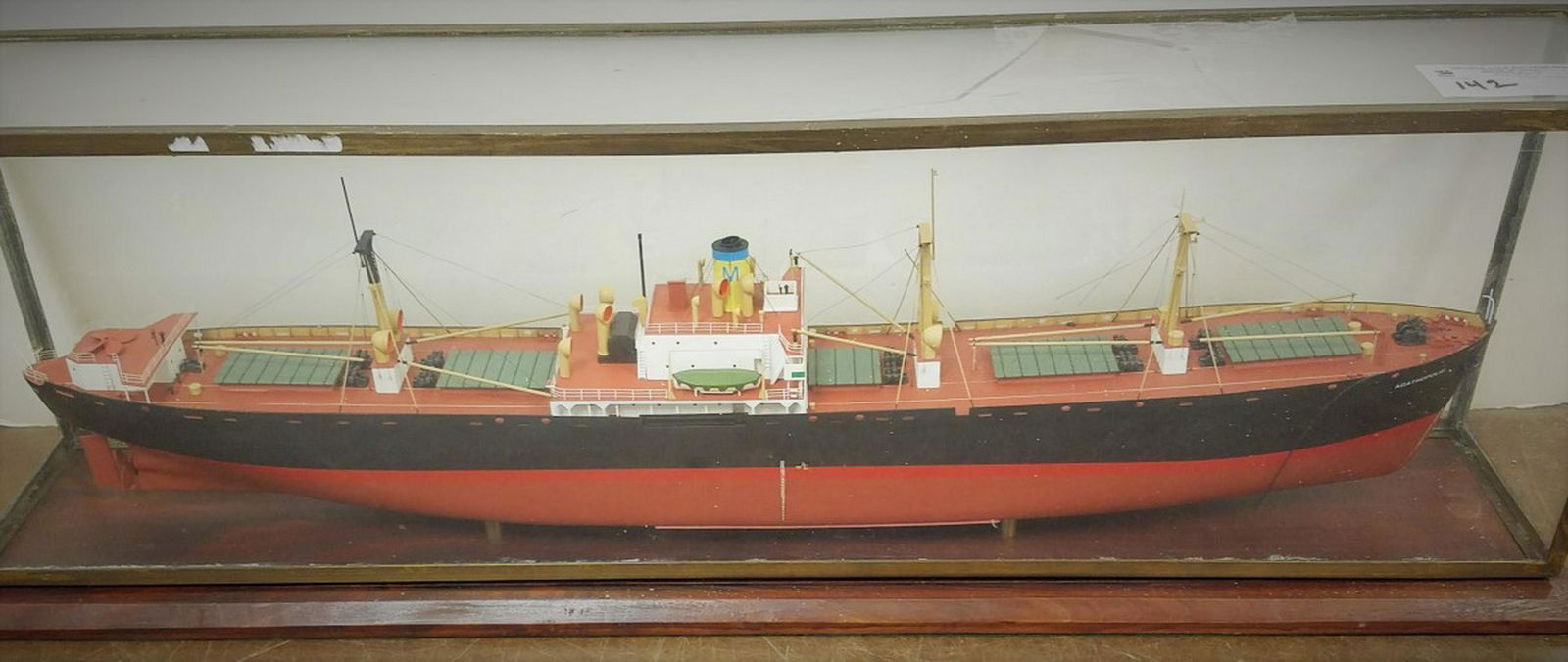 WOODEN SHIP MODEL AGATHOPOLIS 6"H X 28"L IN A BRASS AND: WOODEN SHIP MODEL AGATHOPOLIS 6"H X 28"L IN A BRASS AND GLASS CASE