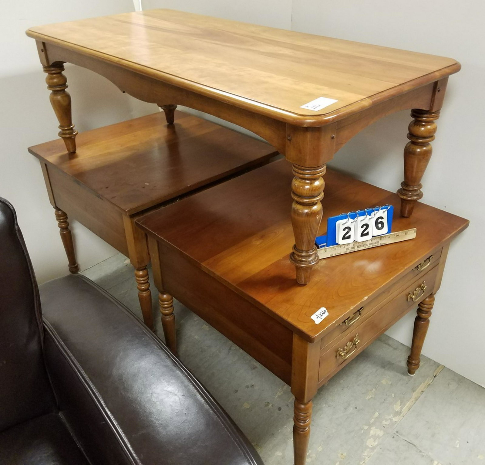3 PC L + J.G. STICKLEY CHERRY- PR 2 DRAWER END STANDS: 3 PC L + J.G. STICKLEY CHERRY- PR 2 DRAWER END STANDS 23 1/2"H X 26" SQ AND COFFEE TABLE 17"H X 4'L X 22"D