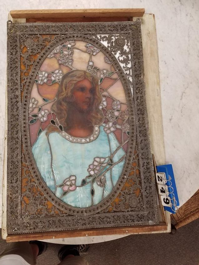 C1890 LEADED WINDOW PORTRAIT OF A WOMAN ENAMELED FACE: C1890 LEADED WINDOW PORTRAIT OF A WOMAN ENAMELED FACE 35 1/2" X 24" NEEDS RESTORATION